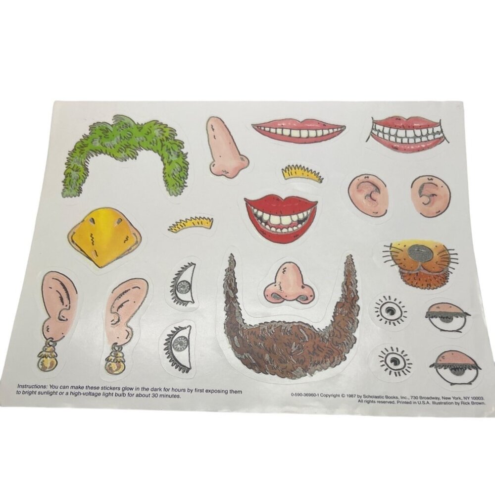 Vintage 1987 Scholastic Glow In The Dark Face Parts Stickers 11" x 8.5" Unused